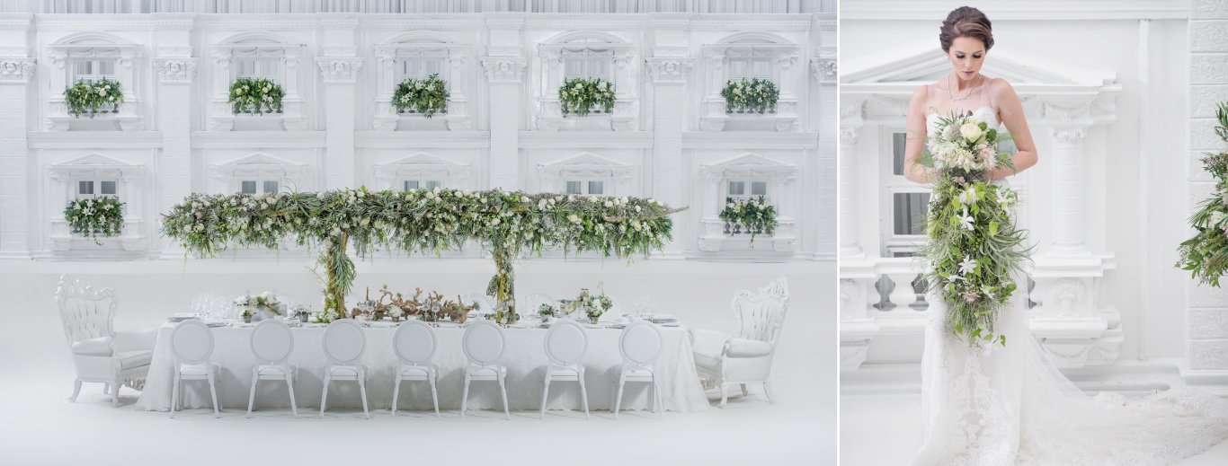 All-white reception with a greenery garland head table and white carved panels, beside a bride holding white florals, by GPS Decors