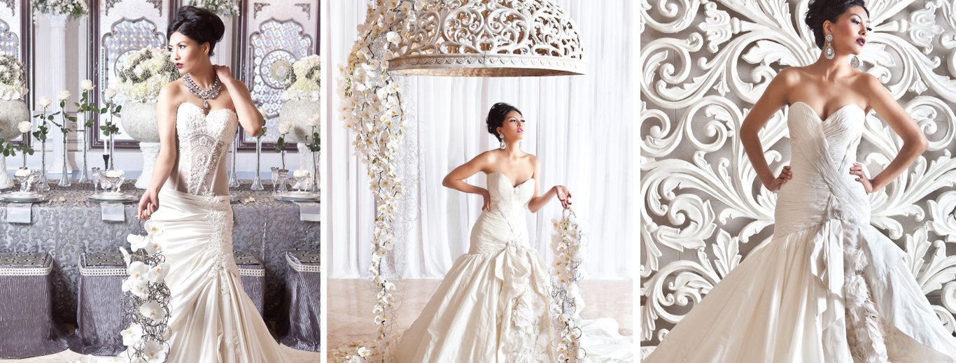 Bride in a white gown posed before white carved scroll backdrops styled by GPS Decors