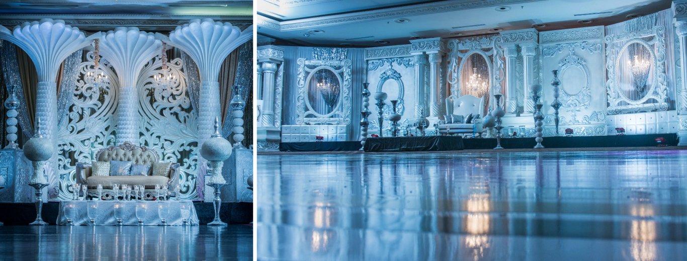 Carved white wedding stage under blue lighting, reflected in a glossy dance floor, by GPS Decors