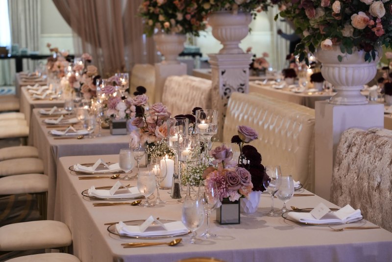 Table detail with lavender florals and candles by GPS Decors