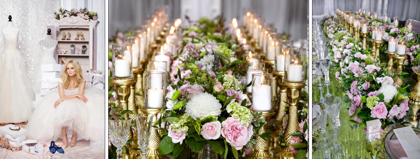 Long table runner of white and pink roses lined with gold candlesticks and white pillar candles by GPS Decors