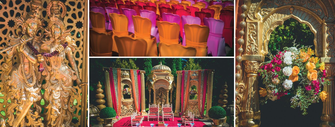 Gold carved palace-style stage with jewel-tone florals and pink and orange seating by GPS Decors