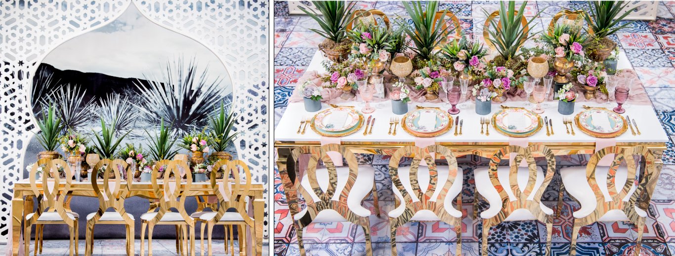 Gold chairs around a table with palm and pink floral centrepieces before a white Moroccan jali backdrop by GPS Decors