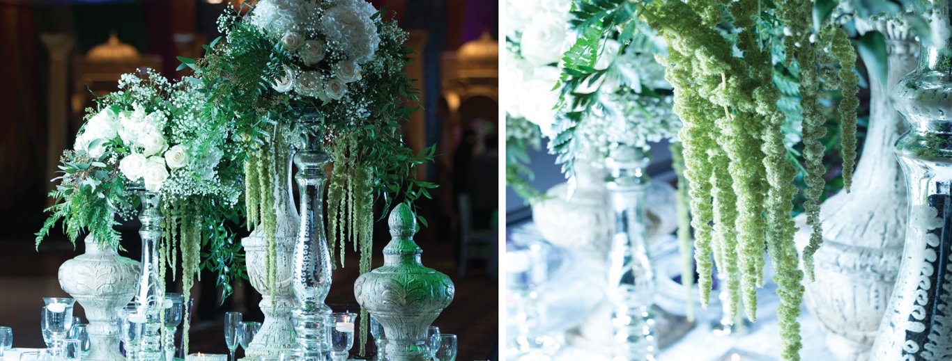 Greenery centrepieces with trailing green amaranthus in silver and glass urns by GPS Decors