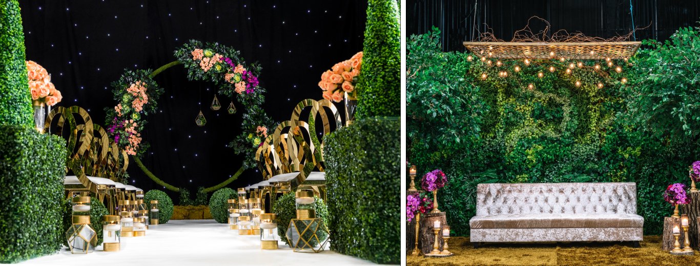 Greenery hedge walls lining a white aisle to a floral hoop, with a tufted white sofa before a greenery wall, by GPS Decors
