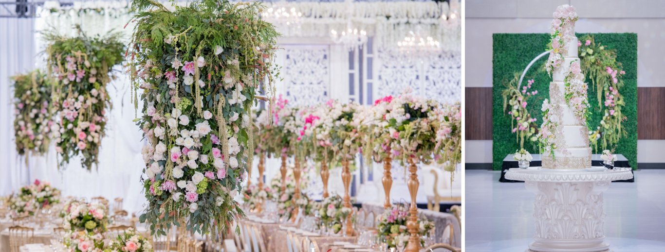 Reception with hanging greenery and pink floral installations, tall floral centrepieces and a white tiered cake by GPS Decors