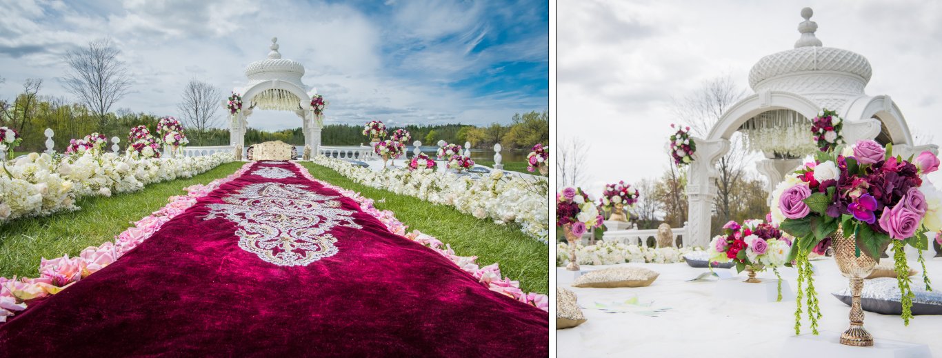 Outdoor ceremony with a burgundy carpet aisle, white florals and a white domed gazebo by GPS Decors