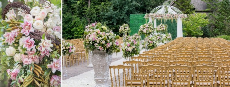 Outdoor garden ceremony with pink and white floral urns, a white gazebo and gold chairs by GPS Decors