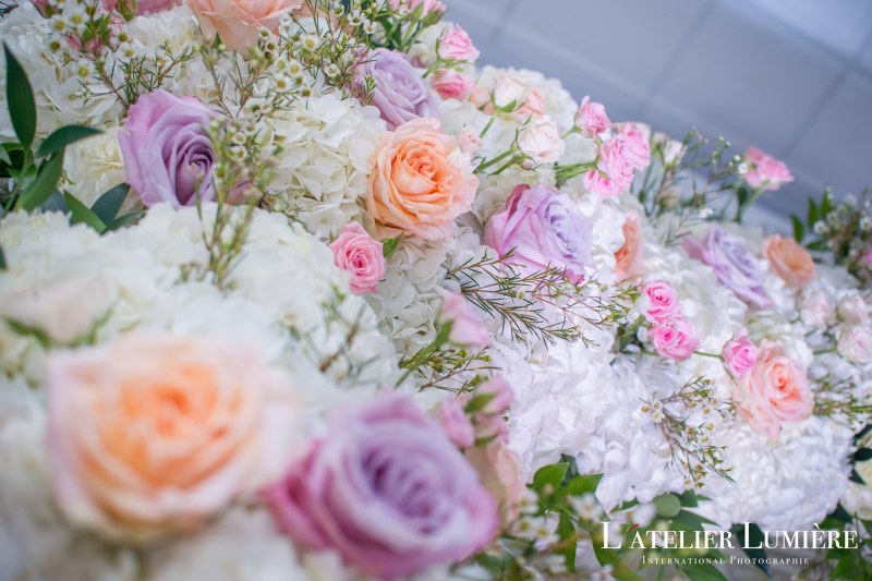 Pastel peach and lavender rose arrangement by GPS Decors