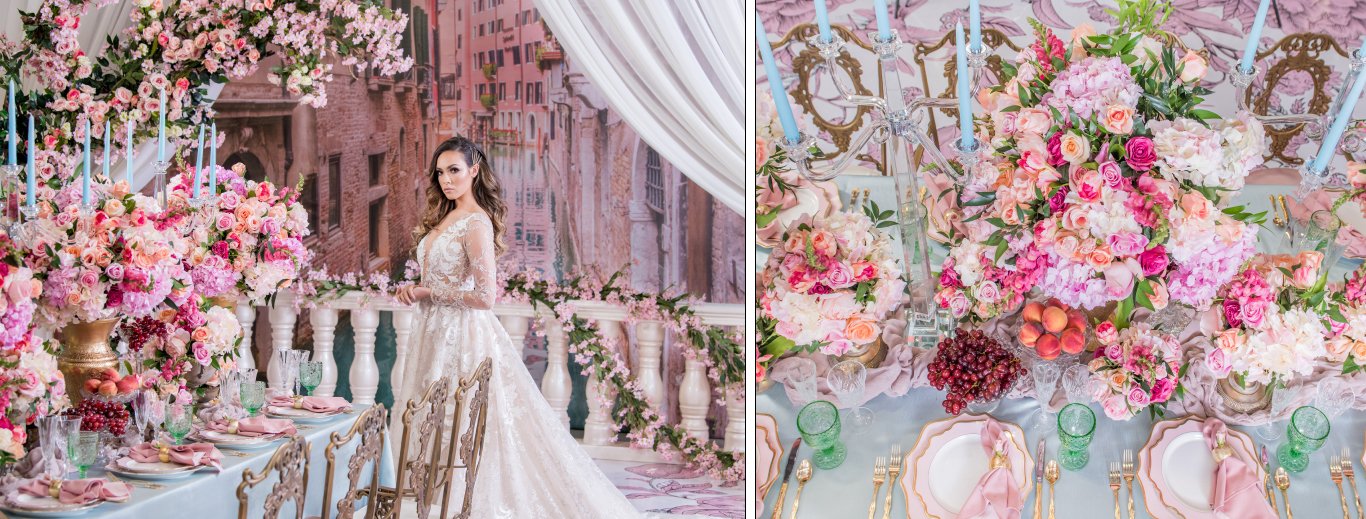 Bride beside a lush pink and coral floral tablescape with a white balustrade by GPS Decors