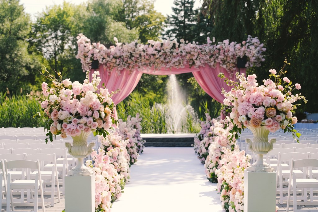 Outdoor ceremony with a blush draped floral canopy and white aisle beside a fountain at Arlington Estate by GPS Decors