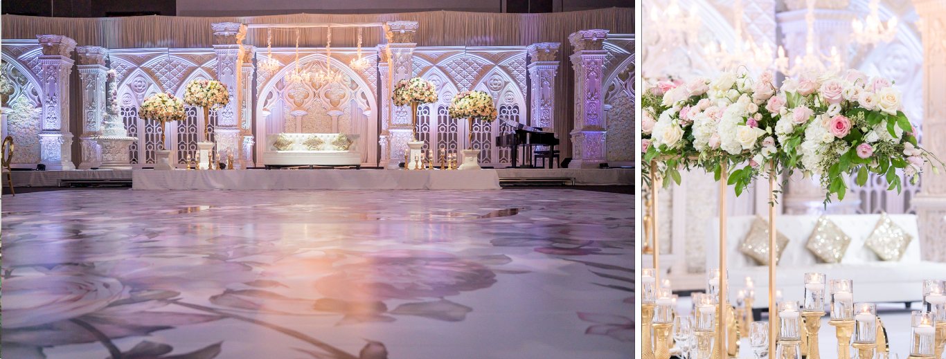 White ballroom stage with floral centrepieces on gold stands above a marble-look dance floor by GPS Decors