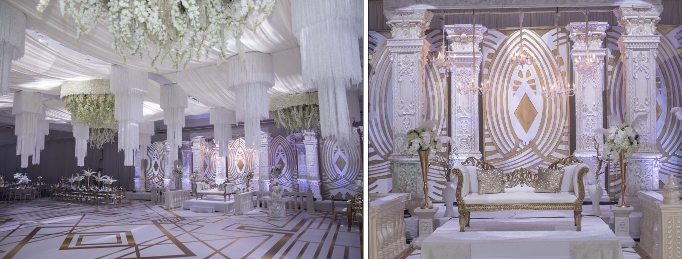 White carved palace-style stage with columns, a hanging floral chandelier and a geometric dance floor by GPS Decors