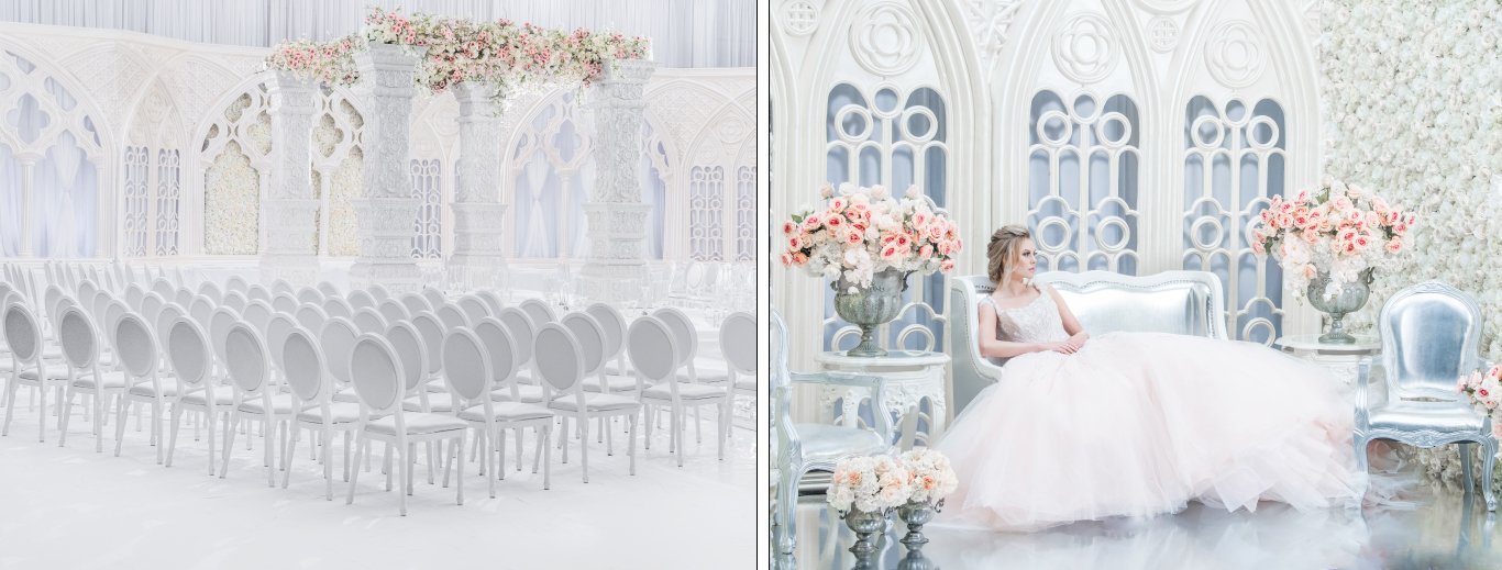 All-white ceremony with white chairs and a blush floral canopy, beside a bride on a silver sofa, by GPS Decors