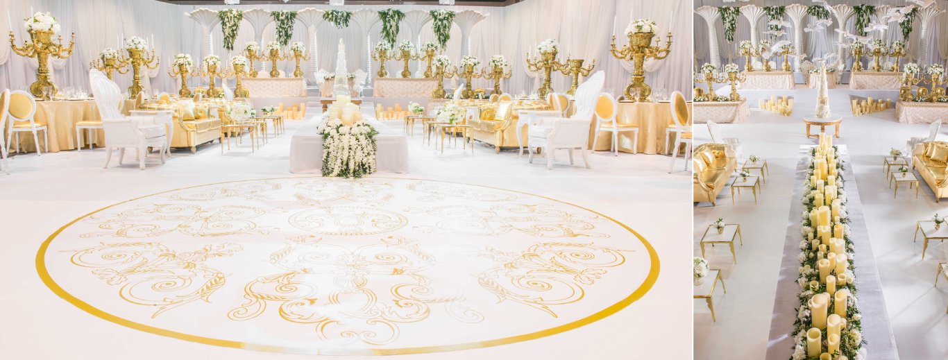 White and gold reception with a gold monogram dance floor and long floral-lined tables by GPS Decors