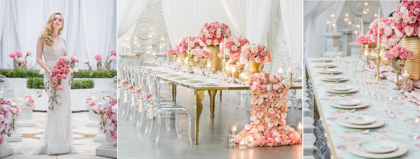 Bride with a pink bouquet beside long white reception tables with pink rose centrepieces in a white tent by GPS Decors